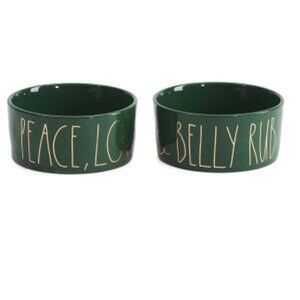 Rae Dunn New Green Peace Love & Belly Rub Pet Food & Water Bowls 2 Piece Set